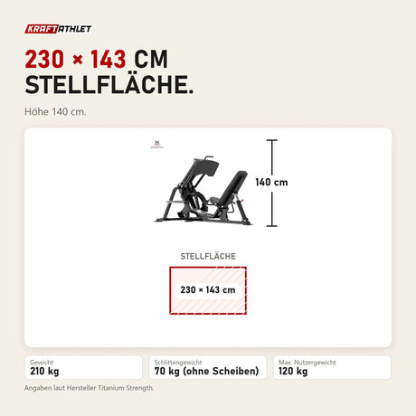 Maßbild Titanium Strength Genesis Series V Beinpresse: Stellfläche 230 × 143 cm, Höhe 140 cm