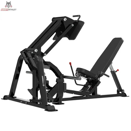 Titanium Strength Genesis Series V Beinpresse: Schrägansicht von links mit Schulterpolstern und Sitz