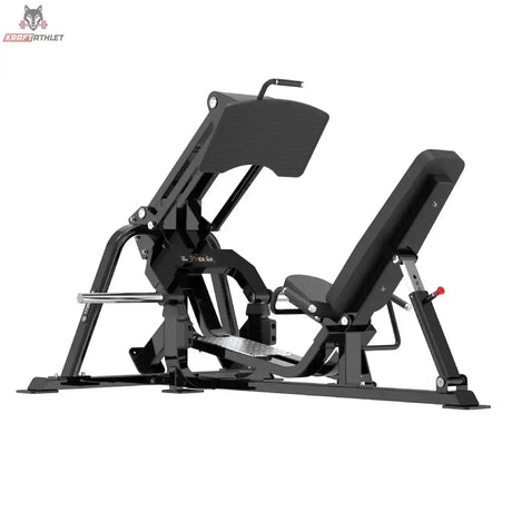 Titanium Strength Genesis Series V Beinpresse: Schrägansicht von rechts mit Rückenpolster und Fußplatte