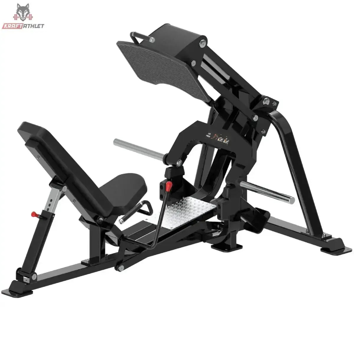 Titanium Strength Genesis Series V Beinpresse: Schrägansicht von vorne mit Fußplatte und Haltegriffen