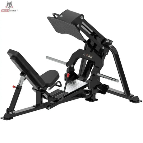 Titanium Strength Genesis Series V Beinpresse: Schrägansicht von vorne mit Fußplatte und Haltegriffen