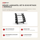 Titanium Strength Gerade-Langhantel-Set 10–30 kg mit Rack mit 4 Merkmalen: Fünf Festgewichte, Gerade Form, Verchromter 32-mm-Griff, PU-Beschichtung