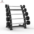 Titanium Strength Gerade-Langhantel-Set 10–30 kg mit Rack in Schrägansicht von links mit fünf Langhanteln im Ständer