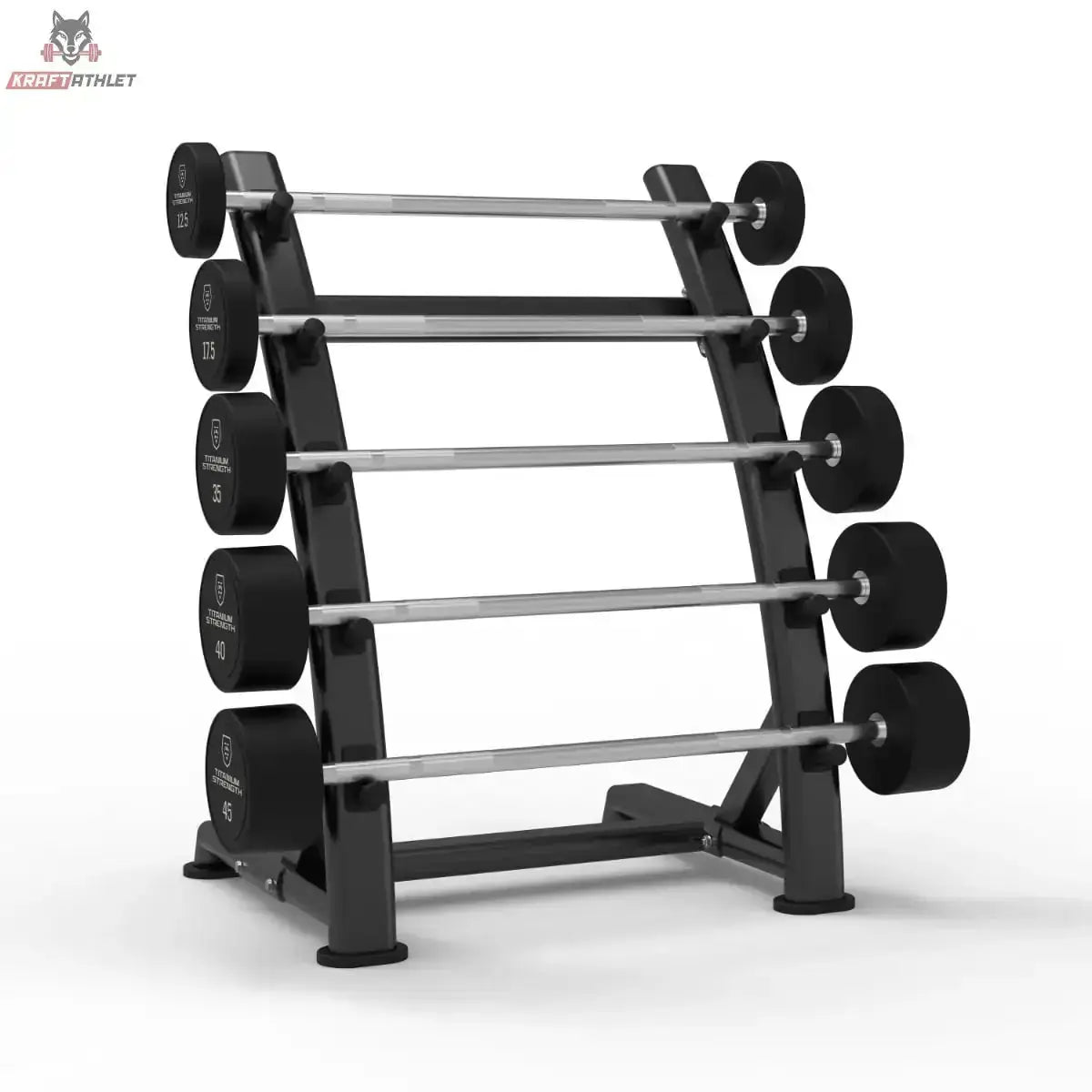Titanium Strength Gerade-Langhantel-Set 10–30 kg mit Rack in Schrägansicht von links mit fünf Langhanteln im Ständer