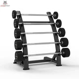 Titanium Strength Gerade-Langhantel-Set 10–30 kg mit Rack in Schrägansicht von links mit fünf Langhanteln im Ständer