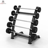 Titanium Strength Gerade-Langhantel-Set 10–30 kg mit Rack in Schrägansicht von rechts mit fünf Langhanteln im Ständer