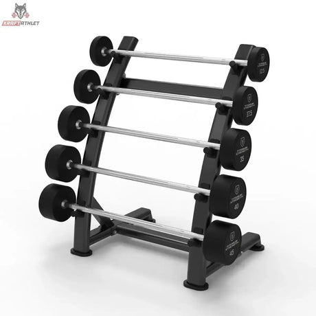 Titanium Strength Gerade-Langhantel-Set 10–30 kg mit Rack in Schrägansicht von rechts mit fünf Langhanteln im Ständer