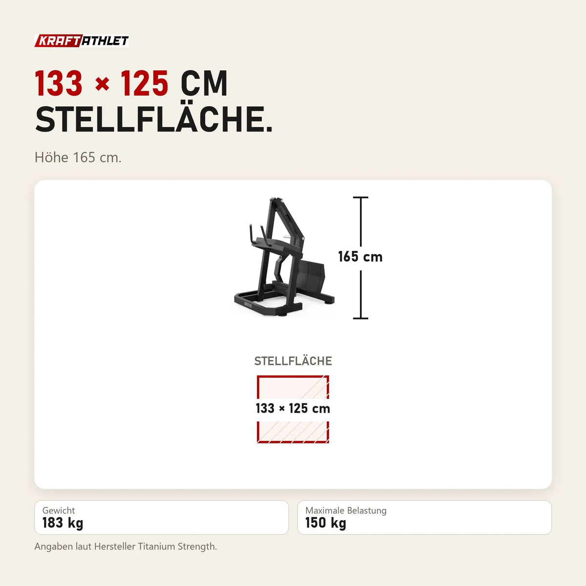 Maßbild Titanium Strength Gesäßkickmaschine Elite Series: Stellfläche 133 × 125 cm, Höhe 165 cm