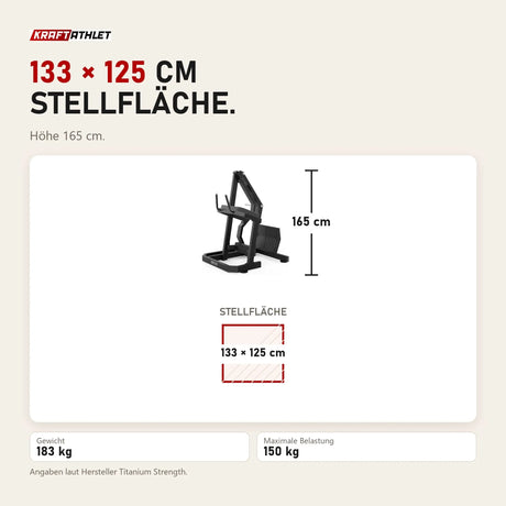 Maßbild Titanium Strength Gesäßkickmaschine Elite Series: Stellfläche 133 × 125 cm, Höhe 165 cm