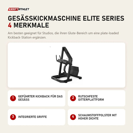 Titanium Strength Gesäßkickmaschine Elite Series mit 4 Merkmalen: Geführter Kickback für das Gesäß, Rutschfeste Gitterplattform, Integrierte Griffe, Schaumstoffpolster mit hoher Dichte