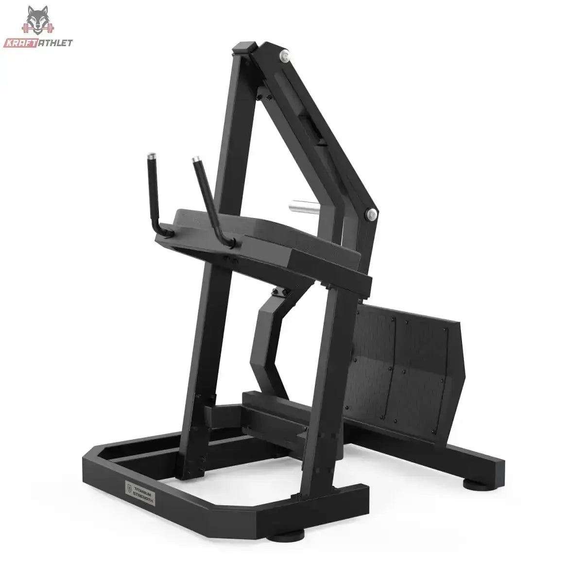 Titanium Strength Gesäßkickmaschine Elite Series in Schrägansicht von vorn mit Brustpolster und Griffen