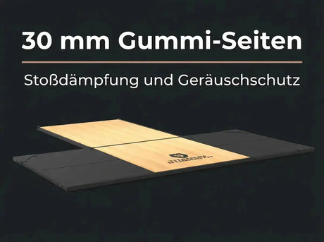 Titanium Strength Gewichtheberplattform TP60 als Infografik zu den Gummiseiten vor dunklem Hintergrund