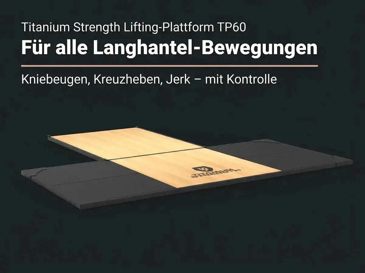 Titanium Strength Gewichtheberplattform TP60 als Infografik zu Langhantelübungen wie Kniebeugen und Kreuzheben