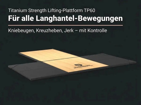 Titanium Strength Gewichtheberplattform TP60 als Infografik zu Langhantelübungen wie Kniebeugen und Kreuzheben