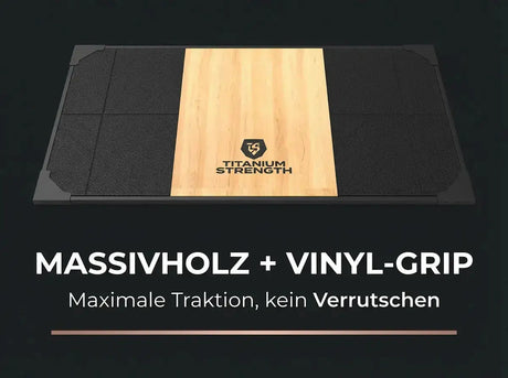 Titanium Strength Gewichtheberplattform TP60 in der Draufsicht mit Holzfläche und Logo als Infografik zur Oberfläche