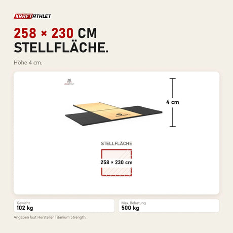 Maßbild Titanium Strength Gewichtheberplattform TP60: Stellfläche 258 × 230 cm, Höhe 4 cm