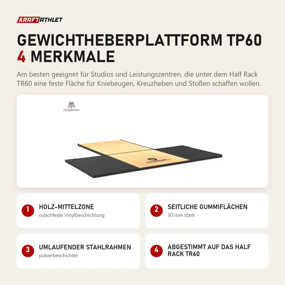 Titanium Strength Gewichtheberplattform TP60 mit 4 Merkmalen: Holz-Mittelzone, Seitliche Gummiflächen, Umlaufender Stahlrahmen, Abgestimmt auf das Half Rack TR60