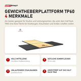 Titanium Strength Gewichtheberplattform TP60 mit 4 Merkmalen: Holz-Mittelzone, Seitliche Gummiflächen, Umlaufender Stahlrahmen, Abgestimmt auf das Half Rack TR60