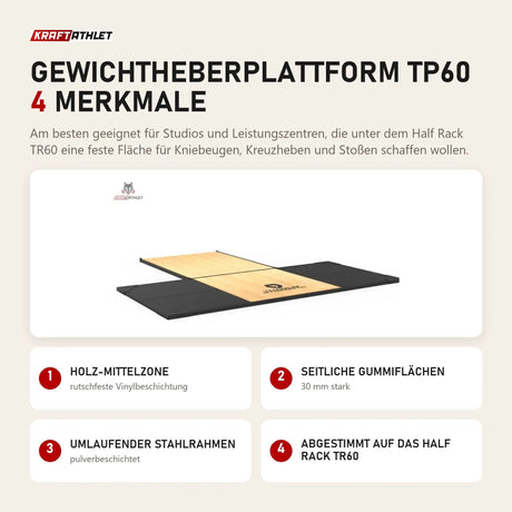Titanium Strength Gewichtheberplattform TP60 mit 4 Merkmalen: Holz-Mittelzone, Seitliche Gummiflächen, Umlaufender Stahlrahmen, Abgestimmt auf das Half Rack TR60