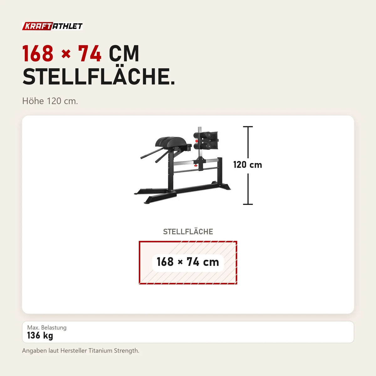 Maßbild Titanium Strength Glute Ham Developer GHD GH130: Stellfläche 168 × 74 cm, Höhe 120 cm