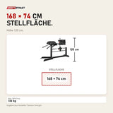 Maßbild Titanium Strength Glute Ham Developer GHD GH130: Stellfläche 168 × 74 cm, Höhe 120 cm