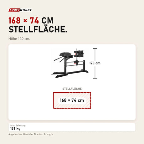 Maßbild Titanium Strength Glute Ham Developer GHD GH130: Stellfläche 168 × 74 cm, Höhe 120 cm