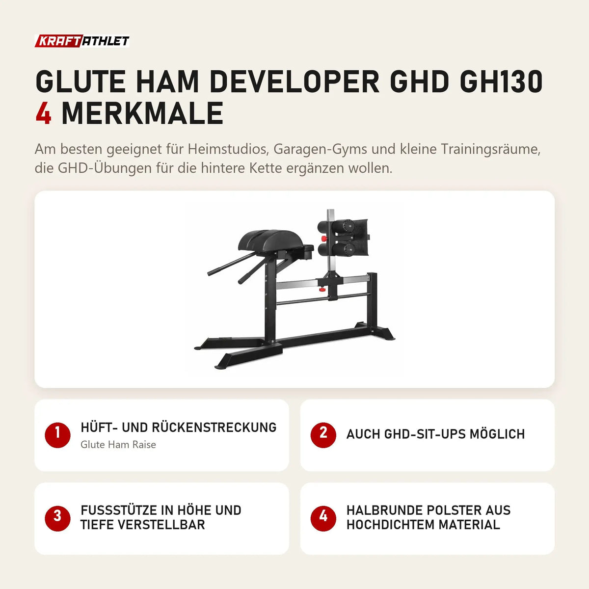 Titanium Strength Glute Ham Developer GHD GH130 mit 4 Merkmalen: Hüft- und Rückenstreckung, Auch GHD-Sit-ups möglich, Fußstütze in Höhe und Tiefe verstellbar, Halbrunde Polster aus hochdichtem Material