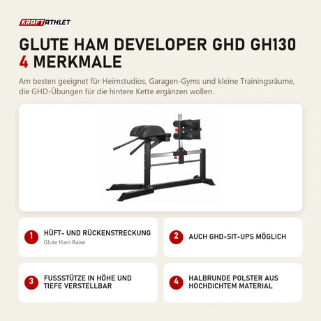 Titanium Strength Glute Ham Developer GHD GH130 mit 4 Merkmalen: Hüft- und Rückenstreckung, Auch GHD-Sit-ups möglich, Fußstütze in Höhe und Tiefe verstellbar, Halbrunde Polster aus hochdichtem Material