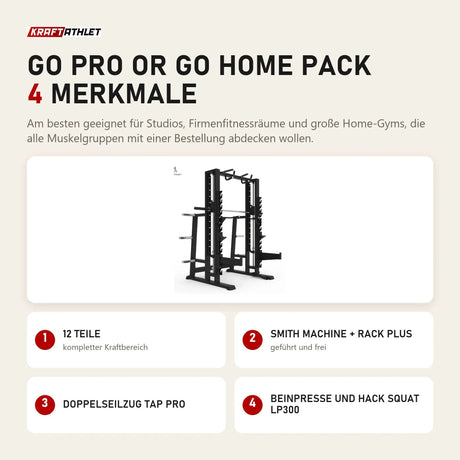 Titanium Strength Go Pro or Go Home Pack mit 4 Merkmalen: 12 Teile, Smith Machine + Rack Plus, Doppelseilzug TAP PRO, Beinpresse und Hack Squat LP300