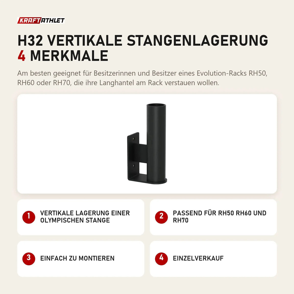 Titanium Strength H32 Vertikale Stangenlagerung mit 4 Merkmalen: Vertikale Lagerung einer olympischen Stange, Passend für RH50 RH60 und RH70, Einfach zu montieren, Einzelverkauf