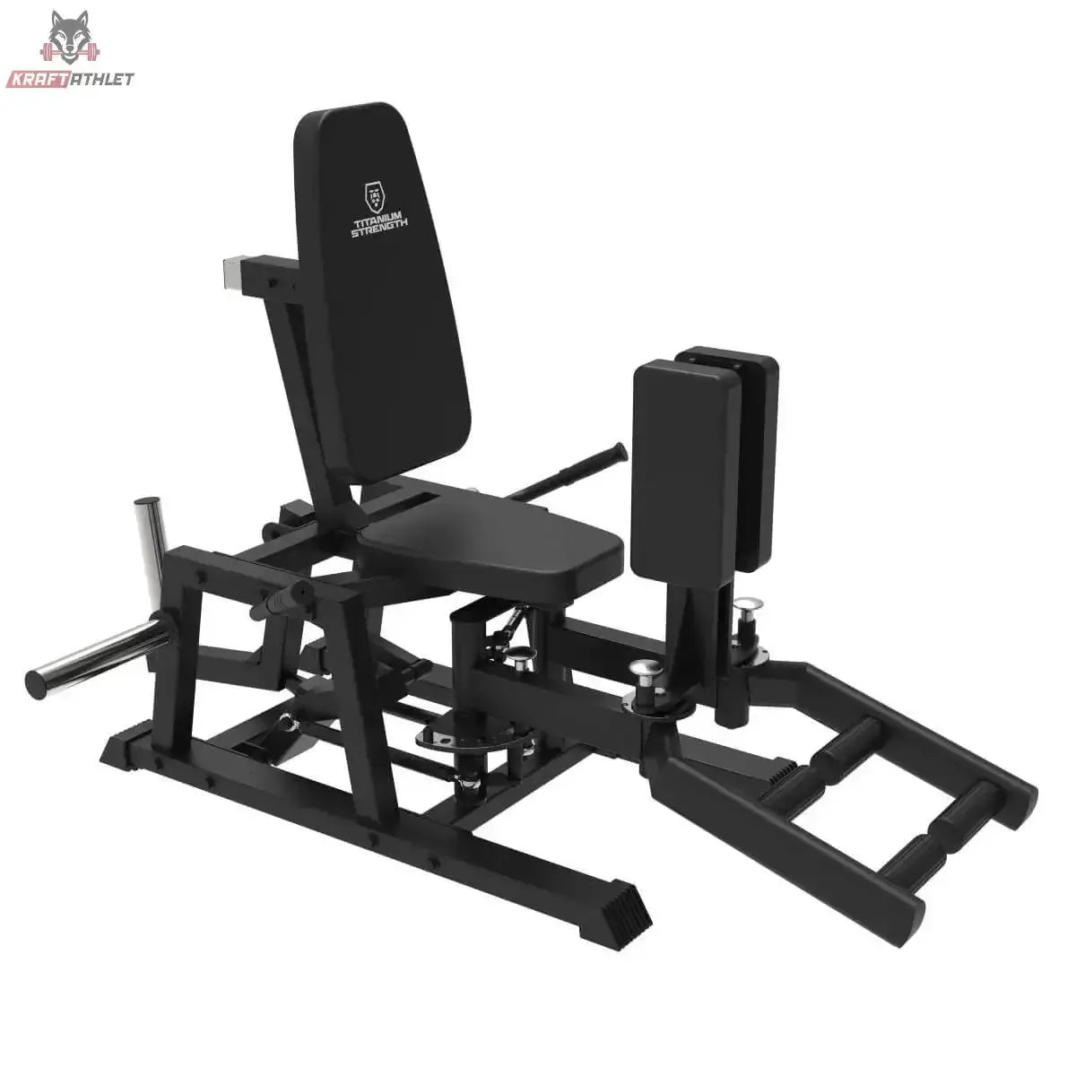 Titanium Strength HA30 Abduktions-Adduktionsmaschine in Schrägansicht mit Rückenlehne, Beinpolstern und Scheibenhörnern