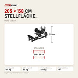 Maßbild Titanium Strength Hack Squat Elite Series: Stellfläche 205 × 158 cm, Höhe 128 cm