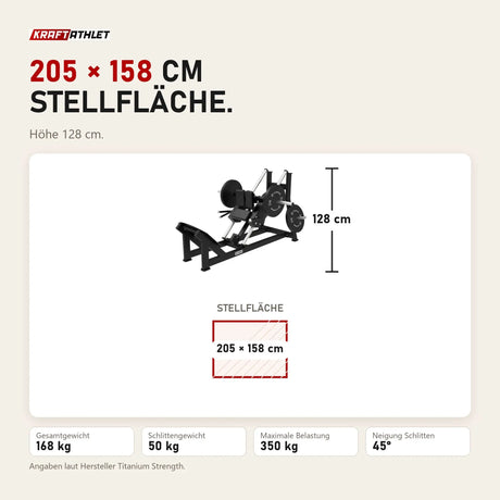 Maßbild Titanium Strength Hack Squat Elite Series: Stellfläche 205 × 158 cm, Höhe 128 cm