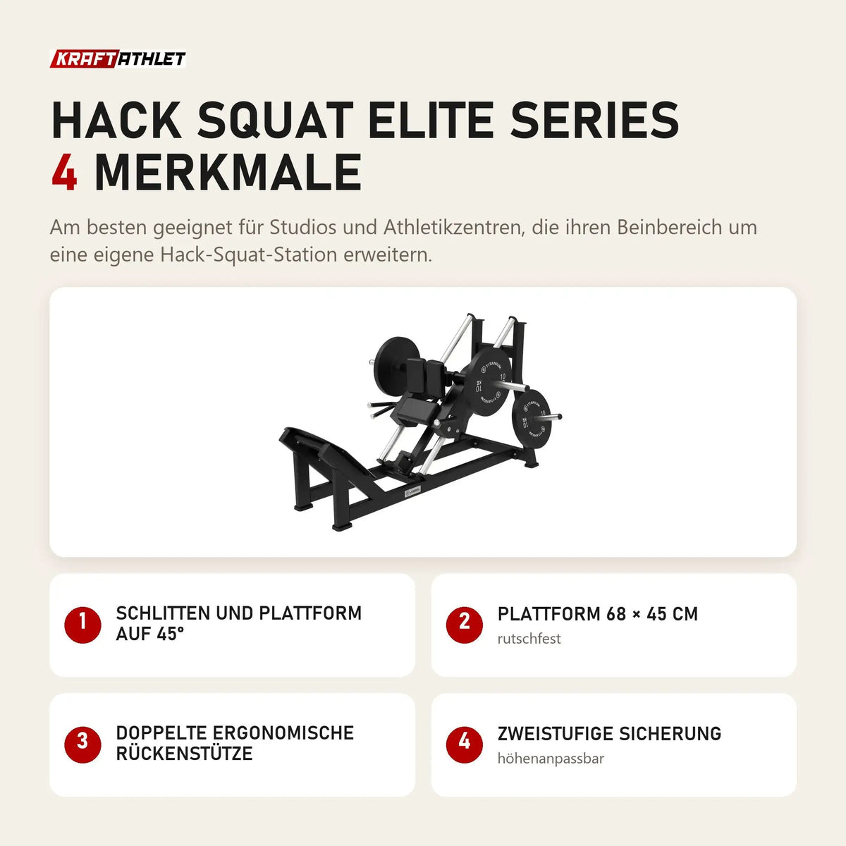 Titanium Strength Hack Squat Elite Series mit 4 Merkmalen: Schlitten und Plattform auf 45°, Plattform 68 × 45 cm, Doppelte ergonomische Rückenstütze, Zweistufige Sicherung
