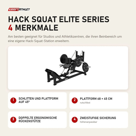 Titanium Strength Hack Squat Elite Series mit 4 Merkmalen: Schlitten und Plattform auf 45°, Plattform 68 × 45 cm, Doppelte ergonomische Rückenstütze, Zweistufige Sicherung