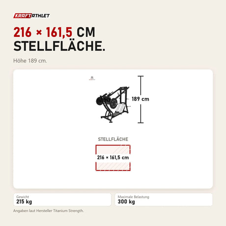 Maßbild Titanium Strength Hack Squat Pendulum Pro Elite Series: Stellfläche 216 × 161,5 cm, Höhe 189 cm