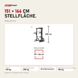 Maßbild Titanium Strength Half Rack AX60: Stellfläche 151 × 166 cm, Höhe 225 cm