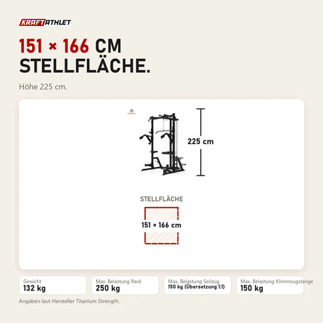 Maßbild Titanium Strength Half Rack AX60: Stellfläche 151 × 166 cm, Höhe 225 cm