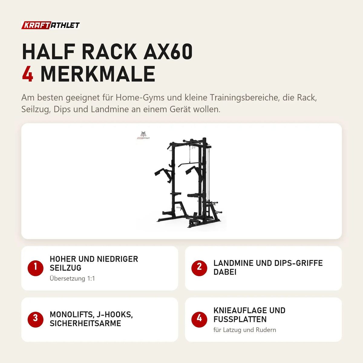 Titanium Strength Half Rack AX60 mit 4 Merkmalen: Hoher und niedriger Seilzug, Landmine und Dips-Griffe dabei, Monolifts, J-Hooks, Sicherheitsarme, Knieauflage und Fußplatten