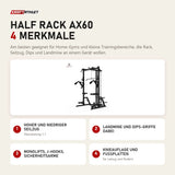 Titanium Strength Half Rack AX60 mit 4 Merkmalen: Hoher und niedriger Seilzug, Landmine und Dips-Griffe dabei, Monolifts, J-Hooks, Sicherheitsarme, Knieauflage und Fußplatten