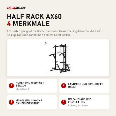 Titanium Strength Half Rack AX60 mit 4 Merkmalen: Hoher und niedriger Seilzug, Landmine und Dips-Griffe dabei, Monolifts, J-Hooks, Sicherheitsarme, Knieauflage und Fußplatten
