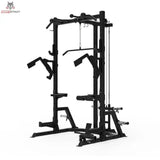 Titanium Strength Half Rack AX60 in Schwarz, Schrägansicht mit Kabelzug, Dip-Griffen und Ablagen