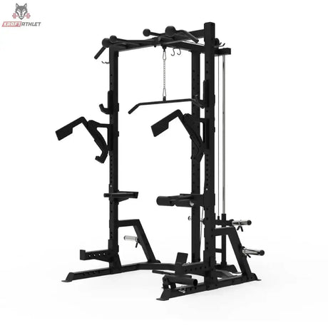 Titanium Strength Half Rack AX60 in Schwarz, Schrägansicht mit Kabelzug, Dip-Griffen und Ablagen