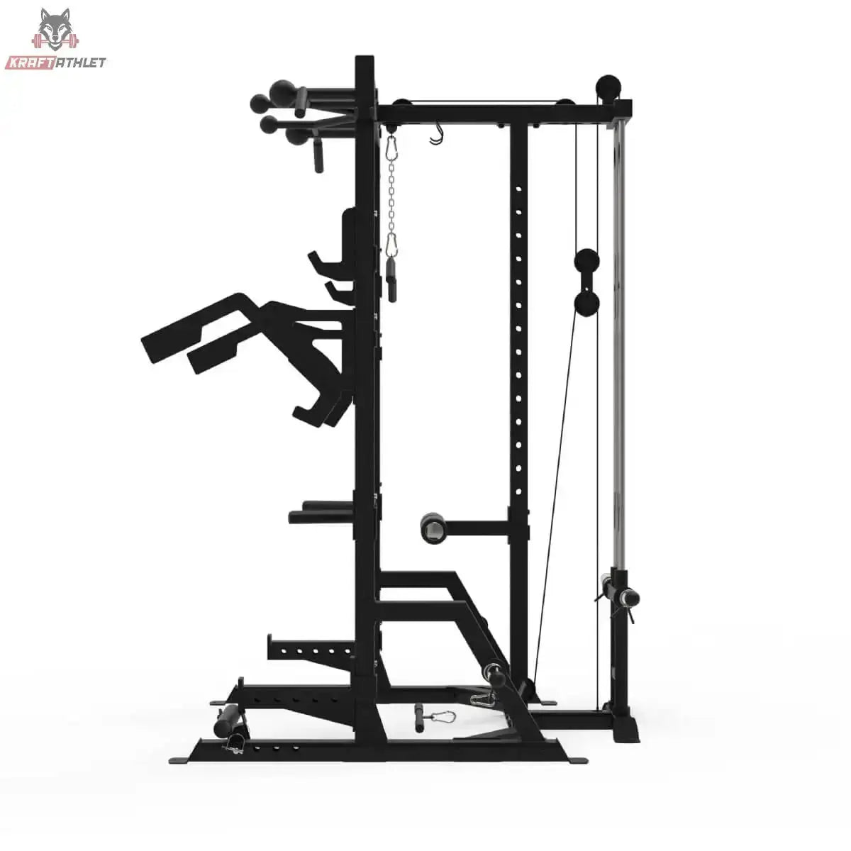 Titanium Strength Half Rack AX60 in Schwarz, Seitenansicht mit oberem und unterem Seilzug