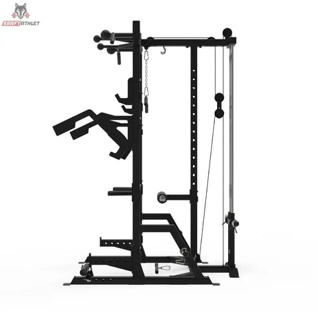 Titanium Strength Half Rack AX60 in Schwarz, Seitenansicht mit oberem und unterem Seilzug