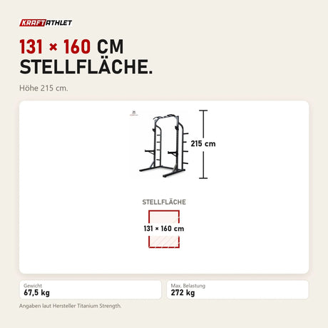 Maßbild Titanium Strength Half Rack H10: Stellfläche 131 × 160 cm, Höhe 215 cm