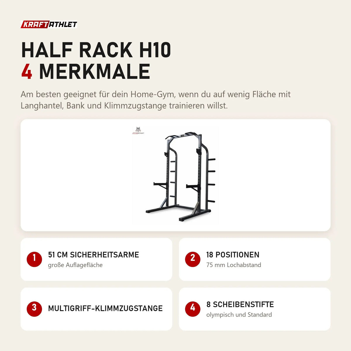 Titanium Strength Half Rack H10 mit 4 Merkmalen: 51 cm Sicherheitsarme, 18 Positionen, Multigriff-Klimmzugstange, 8 Scheibenstifte