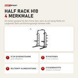 Titanium Strength Half Rack H10 mit 4 Merkmalen: 51 cm Sicherheitsarme, 18 Positionen, Multigriff-Klimmzugstange, 8 Scheibenstifte