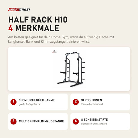 Titanium Strength Half Rack H10 mit 4 Merkmalen: 51 cm Sicherheitsarme, 18 Positionen, Multigriff-Klimmzugstange, 8 Scheibenstifte