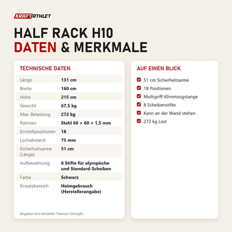 Technische Daten und Merkmale von Titanium Strength Half Rack H10 als Tabelle